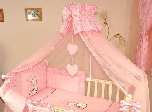 Baby Crown Canopy / Drape / Mosquito Net Large 485 cm Only For Cot or Cot Bed - HEARTS PINK CHECK