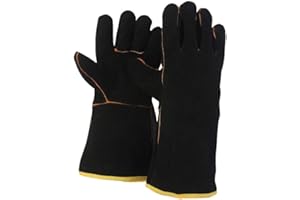 ENERJARY FZTEY Heat Resistant Fire Proof Guant, Welding High Temperature Gloves, Stove Long Leather Welders Thermal Gauntlets For BBQ, Mig,Log Burner Woodburning, Fireplace(Black)
