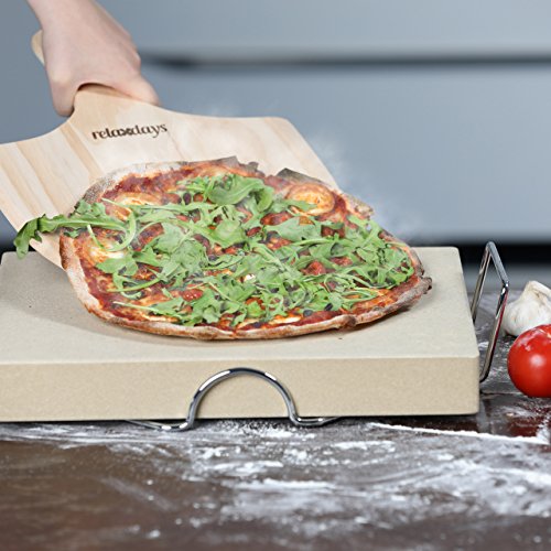 Relaxdays Pizzastein Set 5 cm Stärke mit Metallhalter und Pizzaschieber aus Holz HBT 7 x 43 x 31,5 cm rechteckiger Brotbackstein für Pizza und Flammkuchen mit Pizzaschaufel für Pizzaofen, natur - 2