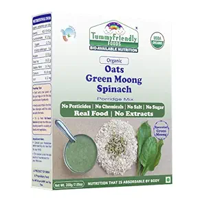 TummyFriendly Foods USDA Certified Organic Oats, Sprouted Green Moong, Spinach Porridge Mix | Made of Sprouted Whole Green Moong, Oats and Baby Spinach | Organic Oats for baby 8 months | Organic Oats for baby 1 year | Rich in Protein and Iron | No Sugar, No Salt, No Milk, No Chemicals, No Pesticides & No GMO | Maximum Possible Nutrition From Real-Food | 9 Month Shelf Life | 200g
