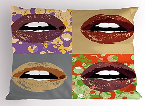 juchenjixie Kiss Pillow Sham, Dark Colored Lipstick on Different and Abstract Frames Pop Art Inspired Girlie Design, Decorative Standard Queen Size Printed Pillowcase, 30 X 20 Inches, Multicolor