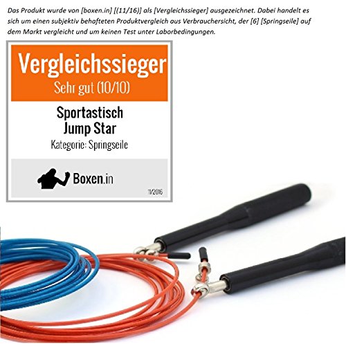 VERGLEICHSSIEGER: Premium Springseil „Jump Star“ von Sportastisch :: High Speed Kugellager für perfekte Drehung :: zwei Stahlseile zum Auswechseln :: kostenloser BONUS: eBook „Springseiltraining“ :: geprüfte Markenqualität, ideal Einsteiger oder Profis :: Exklusives Design für Erwachsene und Kinder:: hochwertige Alu-Griffe für perfekten Halt :: Speed Rope zum Sport :: perfekt geeignet für Boxen, Crossfit, MMA, WOD, Fitness Training :: inklusive 3 Jahren Sportastisch Produktgarantie - 2