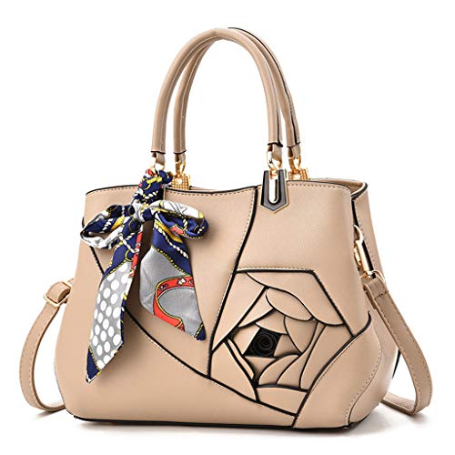 Senoow Women PU Leather Flowers Top Handle Handbags Shoulder Bag Ladies Crossbody Bag Tote Satchel With Scarf
