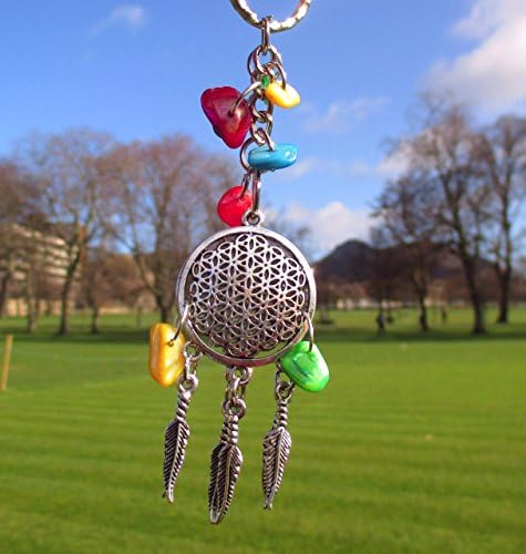 silver tone feather dream catcher key-ring with coloured chips and gift bag
