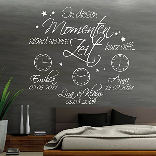 Wandtattoo Loft Schriftzug „In diesen Momenten stand unsere Zeit kurz still…“ mit Ihren Wunschdaten und Uhren / 54 Farben / 3 Größen / BITTE TEILEN SIE UNS IHRE WUNSCHDATEN IM ANSCHLUSS AN DIE BESTELLUNG PER NACHRICHT MIT!!! / nougatbraun / 80 cm Hoch x 90 cm Breit - 6