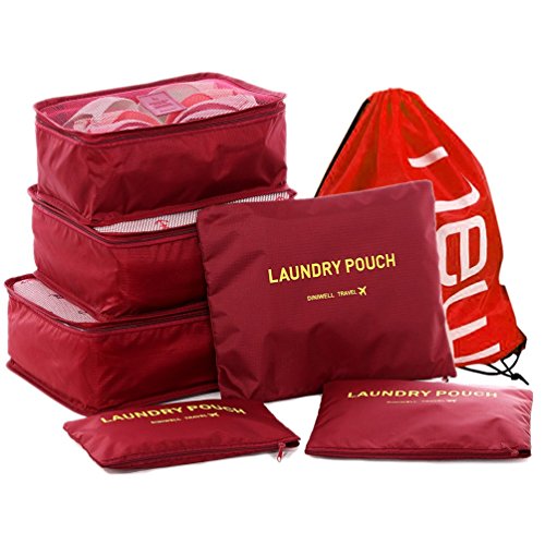 7 Set Travel Cube System - 3 Travel Cubes + 3 Pouches + 1 Drawstring Backpack Bag, Perfect Travel Luggage Organizer