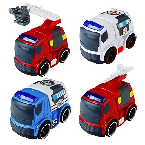 BYJia 4er Set Mini Elektrisch Pull Forward Stadt Rettung Autos mit Licht Sound & Rückzug Multi-Funktions Fahrzeug für Jungs