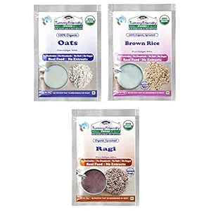 TummyFriendly Foods USDA Certified Organic Sprouted Porridge Mixes | Sprouted Ragi Powder, Sprouted Brown Rice and Oats | Organic Baby Food for 6 Month Baby Combo1 Trial Packs | No Sugar, No Salt, No Chemicals, No Pesticides & No GMO | Shelf-life 9 month | 3 Baby Packs, 50g Each