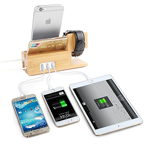 Efanr bambÃ¹ legno 3Â porte USB stazione di ricarica multifunzione caricabatteria da tavolo dock supporto supporto per iPhone 7/6s/6/5s smartphone Apple Watch 38Â mm/42Â mm