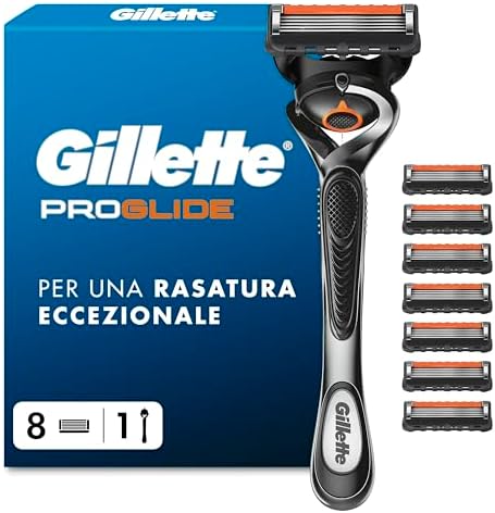 Gillette Proglide 1 Rasoio Barba Uomo e 8 Lamette di Ricambio con Doppia Lubrificazione Prima e Dopo le Lame, Nuova Lubrificazione Everglide per una Profondità e Comfort Incredibili, Lama Barba Uomo