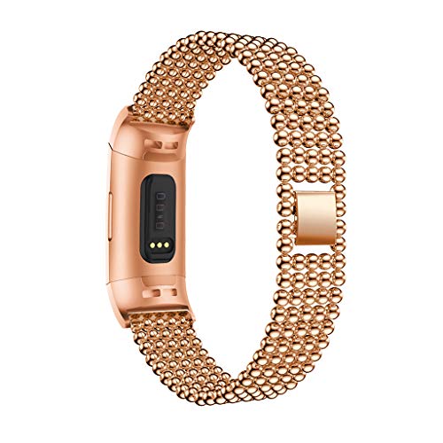 Preisvergleich Produktbild HappySDH Armband kompatibel mit Fitbit Charge 3, Smartwatch Zubehör Edelstahl Perlen Ersatzarmband Armbänder Smartwatch für Frauen (Rose Gold)