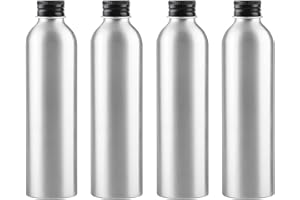 ZEOABSY 4 Pièces Argent Flacon Aluminium Vides 250 ML, Bouteille en Aluminium avec Bouchon en Aluminium Fileté Noir pour Cosmétique Shampooing Salle de Bains Hôtel Voyage Rechargeables
