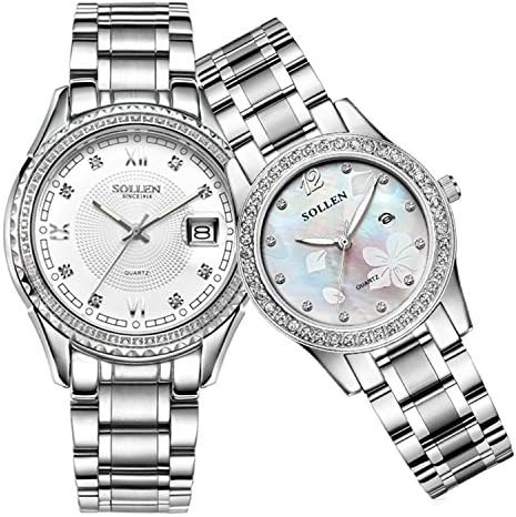 SOLLEN His and Hers Crystal Engraving Quartz Analog Waterproof Wrist Watch Luminous Couple Watch 2 pcs SL-521 (SILVER)