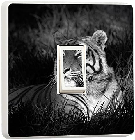 Black and White Tiger sat in Grass Nature Light Switch Sticker Cover (14751945)