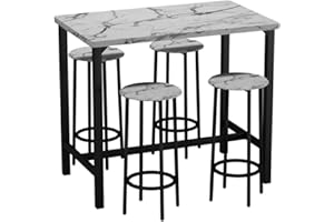 URBNLIVING CANCUN Bar Table and Stools Set – Industrial Kitchen Dining Breakfast Counter Furniture with 2 or 4 Chairs, Space-Saving Design for Home & Small Spaces - 5 Piece - White Marble