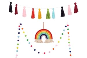 Rainbow Wall Hanging Banner,URMAGIC 3 Pcs Pastel Tassel Garland Pom Pom Ball Banner,Tassel Garland Pom Pom Ball Banner,Macrame Rainbow Wall Hanging Decoration for Party,Baby Shower