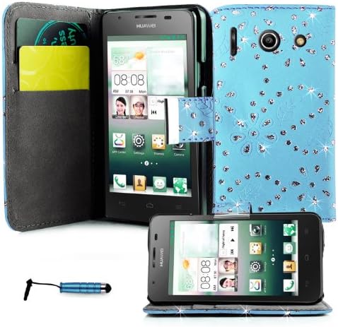 Magic Global Gadgets® Turquoise Sparkly Diamond Glitter Pu Leather Book Wallet Case For Huawei Ascend G510 / U8951 Premium Printed Stylish Magnetic Flip Pouch Cover Holster + Built In Card Slots / Cash Compartment + Built In Media Stand With Screen Protector Guard &amp; Mini Capacitive Stylus Pen