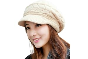 AHDMR Casquette d'hiver Femme Bonnet Tricoté avec Petite Visière Chapeau Casquette Chaud Confortable Doublure en Laine Thermique Casquette Béret en Crochet Élégant Vintage Casquette de Ski Neige