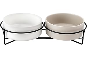 PETTOM Ciotola Rialzate in Ceramica con Supporto per Gatti Cani Ciotole Doppia per Cane Gatto Animali Domestici Grandi o Piccoli per Cibo e Acqua (Grigio+Bianca)