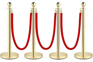 YUFANKAI Crowd Control Stanchion, Set with 5 ft/1.5 m Red Velvet Rope, Stanchion Rope Divider, Gold Queue Barrier Line Divider with Fillable Plastic Base, Airport(4)
