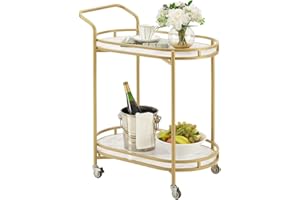 unipaws Bar Cart Gold, Easy Assembly Serving Bar Trolley with 2-Tier Shelves and Rotating Wheels, Multi-Purpose Serving Cart for Home Kitchen Dining and Living Room, 74 x 45 x 90 cm