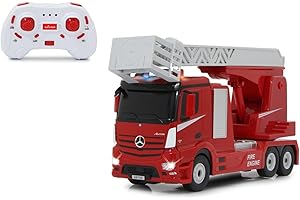 JAMARA 405212 - Feuerwehr Drehleiter Mercedes-Benz Antos 1:24 2,4GHz – realistischer Motorsound, Hupe, drehbare/ausfahrbare Leiter, LED Signallichter, Feuerwehrsirene, Fahr- und Rückfahrlicht, rot