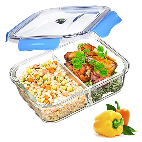 SELEWARE Vidrio Contenedor Alimentos Hermetico - Recipientes Comida Cristal Microondas - Fiambreras Bento con 2-Compartimentos - tapers para Comida Almuerzo, 100% sin bpa (1,04 L, Rectángulo, Azul)