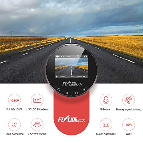 FLYLINKTECH DashCam, 1080P Full HD Auto Kamera, 170° Weitwinkelobjektiv, Mini DVR Fahren Rekorder, mit WDR, Bewegungserkennung, Parkmonitor, Loop-Aufnahme, Nachtsicht und G-Sensor - 2