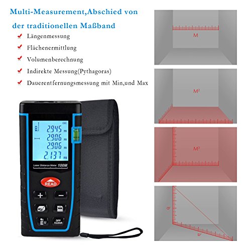 Laser Entfernungsmesser, ieGeek Professional LMTL04 100M Distanzmessgerät Range Finder Entfernung messen Fläche Volumen Messbreich 0,05~100m/±2mm mit LCD Hintergrundbeleuchtung Pythagoreischem Modus, IP54 Staub- und Spritzwasser-Schutz.Volumen / Fläche / Pythagoras / Kontinuierliche Messungen - 3