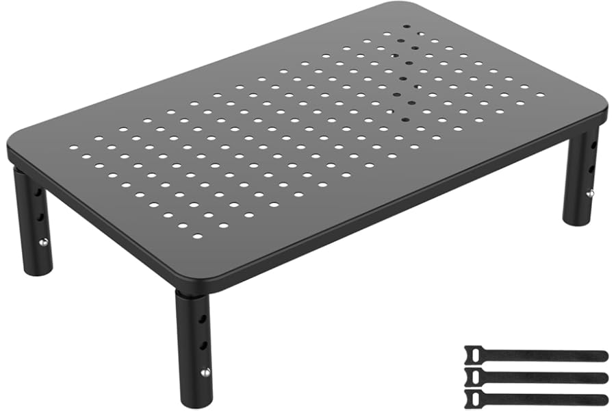 GRIFEMA Monitor Stand Riser for Desks, 3 Height Adjustable Metal Desk Shelf with Vented Mesh Platform, Holds up to 20kg for Monitor, Laptop, Printer - Ergonomic Office & Home Workspace Solution, Black
