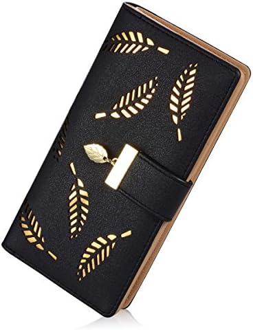 Women's Long Leaf Bifold Wallet Leather Hollow Card Holder Purse Clutch Handbag (Black)