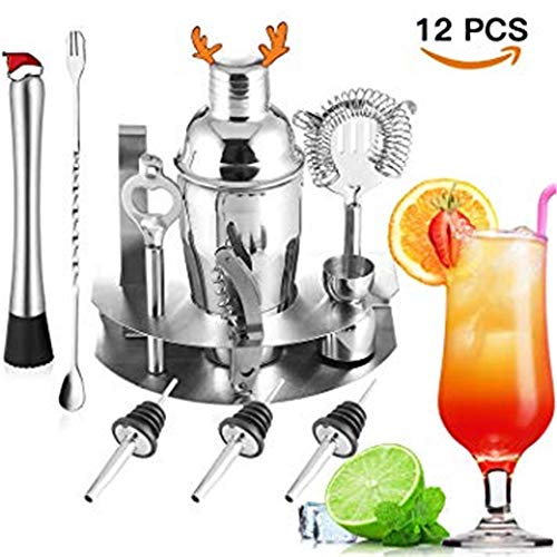 U-Home Cóctel 12 Piezas, Premium Conjunto Acero Inoxidable, Coctelera Profesional de Bartender en Caja de Regalo para Hombre: Jigger, Bebida Muddler, Cuchara de Mezclar y etc, Silver, Normal