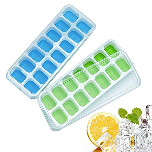 Ice Cube Tray with Lid, Easy-Release and Flexible 14-Ice Trays with Spill-Resistant Removable Lid, Silicone Ice Cube Mold for Whiskey, Cocktail, Beverages, 2 Pack of Ice cube maker (Blue &Green)