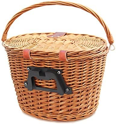 Colorbasket 01587 Adult Front Handlebar Wicker Bike Basket with Lid, Quick Release