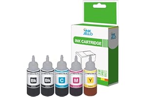 InkJello Ink Bottle Refill For Printer, Compatible With ET-2710 ET-2711ET-2712 ET-2714 ET-2715 ET-2720 ET-2726 ET-4700 104 (Black/Cyan/Magenta/Yellow, 5-Pack)
