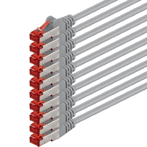 1aTTack CAT6 CAT 6 Netzwerk-Patch-Kabel SET (10 Stück) 7,5m 7,5 Meter - SFTP - doppelt geschirmt PIMF + GEFLECHT - Twisted Pair mit 2 x RJ45 Stecker und vergoldeten Kontaktflächen - grau