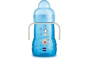 MAM Entraîneur Night, 4+mois, 220 ml bleu clair, avec poignées qui brillent dans l'obscurité