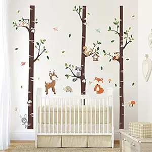 decalmile Large Birch Tree and Forest Animal Wall Decals Owl Squirrel Deer Wall Stickers Baby Nursery Kids Bedroom Living Room Wall Decor (Tree Height: 175cm)