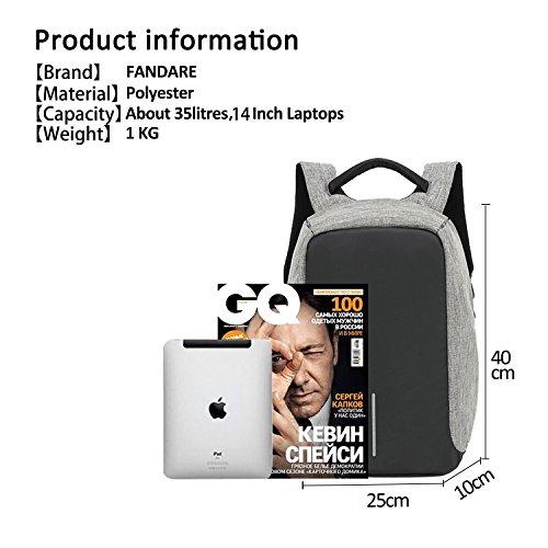 FANDARE 2018 Anti Diebstahl Rucksack 14 Zoll Laptoprucks  cke Fahrradrucks  cke Schulrucksack Daypack Arbeit Reisen Studenten USB Port Polyester Grau