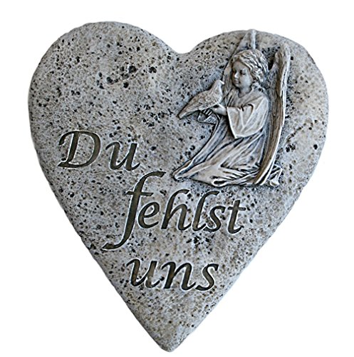 Grabschmuck Herz mit Engel und Taube *Du fehlst uns* beige-antik 17 x 19 cm