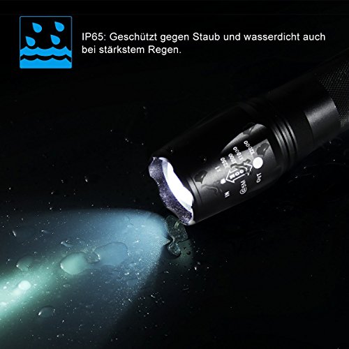 SUNSPEED Wiederaufladbare LED Taschenlampe/5 Modus Regulierbar/500 Lumen /IP65 Wasserdicht/ 26650 aufladbare Batterie + Ladegerät+3 AAA Akku-Halter - 5