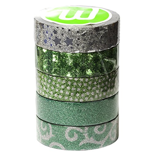 5 Rollen Washi Tape (je 10m) – Glitzer Dekroband von Washati® (grün-silber glitzer) - 2