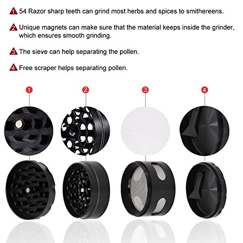 DCOU neue Design Premium Krautmühle mit Siebgrinder haltbare Zamak-Legierung Tabak Grinder Crusher Gewürz-Schleifer Ø55mm 4 Teile (Schwarz) - 5
