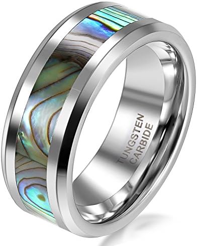 JewelryWeTungsten Love 8mm Comfort Fit High Polish Tungsten Carbide Ring Men's Aniversary/Engagement/Wedding Band with Abalone Inlay (Size 8,9,10,11,12 Selectable) (8.5) : UK Size - Q