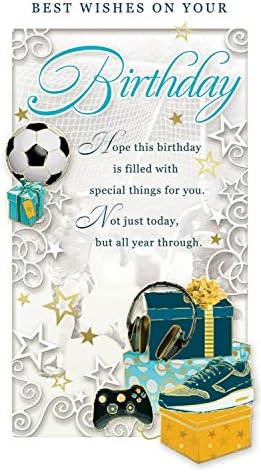 Open Male Birthday Card - Happy Birthday Football, Shoe & Gift Boxes 9" x 4.75"