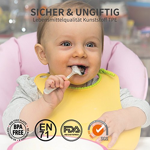 Baby lätzchen mit auffangschale | Weiches | mit wasserdichter Tasche faltbar | einfach zu reinigen | einstellbarem Halsband | BPA freiem | 2 pack,grün/gelb - 5