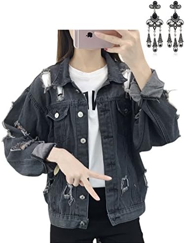 Modetrend Women Denim Ripped Boyfriend Long Sleeve Loose Fit Light Wash Faded Jean Jacket Black M