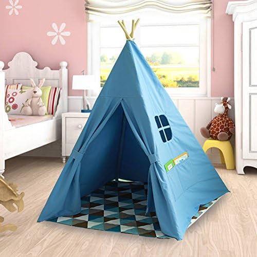 Indian Tent Teepee Cotton Play Tent Pink/White/Blue Decor Children's Playhouse with Carrying Bag for Kids (blue)