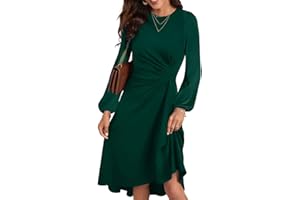 HUXRAKV Vestito Donna Elegante da Cerimonia Abito Solido Pieghe in Vita Abito Midi con Linea ad A Vestiti da Cocktail Maniche Lunghe Autunno Inverno