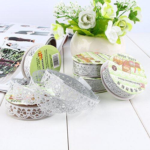 5 Rollen Lace Decor Kreatives Klebebänder Glitter Gold Pulver Spitzenband Selbstklebend Washi Tape Spitze Dekobänder Papier Aufkleber Kunsthandwerk DIY – ca. 100×18 mm (Silber) - 4